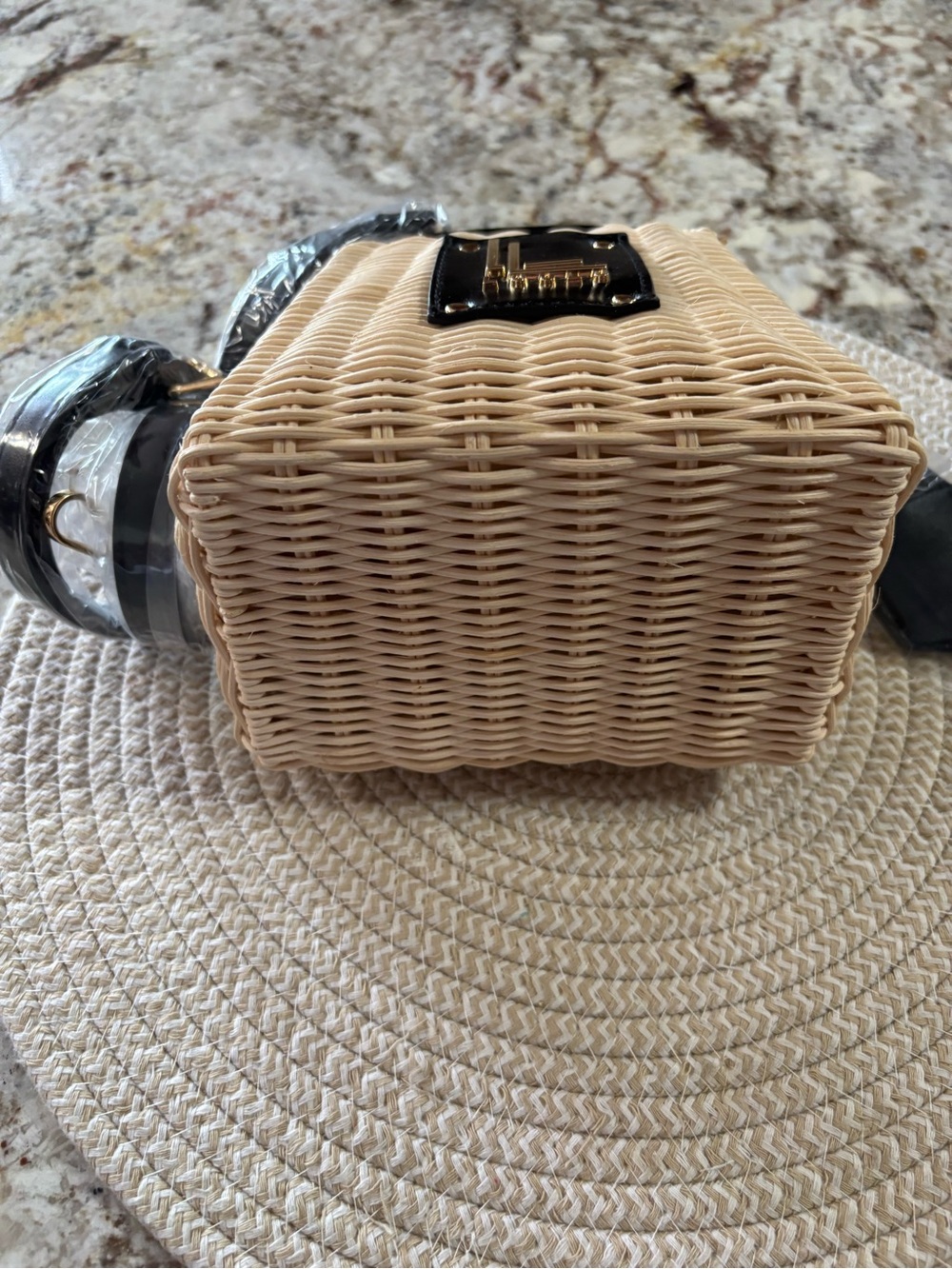 Loulu beige Wicker Mini Bag with Black Trim and Gold Accents - Picture 6 of 6